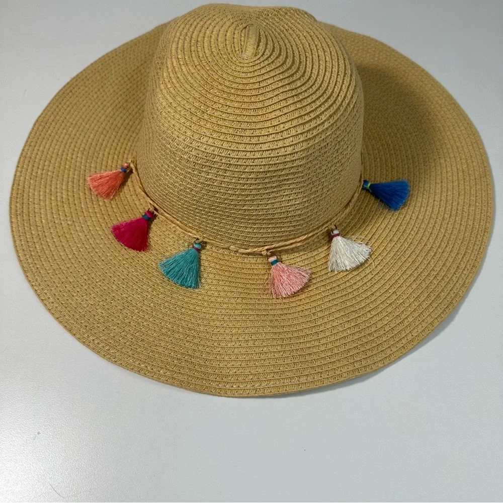 C.C Exclusives Stylish Tan Wide-Brim Hat colorful Tassel Accents Beach Vacation
